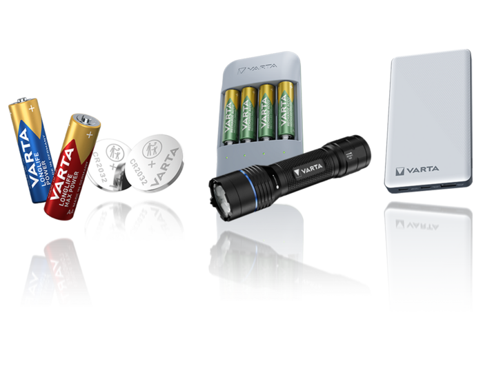 Varta product range: AA batteries, button cells, battery charger, LED flashlight and white power bank with wireless charging
