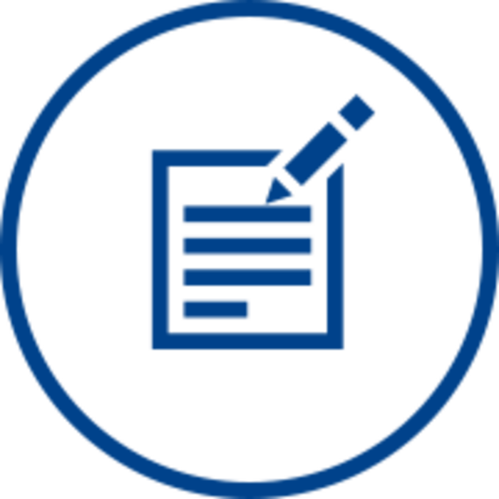 Blue icon of a document with lines of text and a pencil, inside a circular border