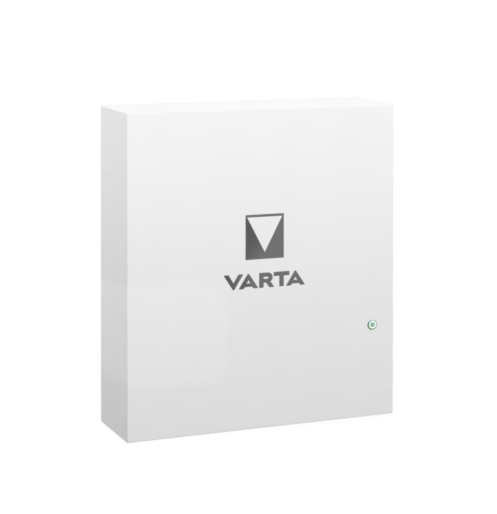 White rectangular VARTA wall-mounted energy storage unit with logo and small green status indicator light