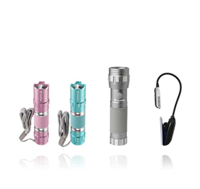 Four flashlights: pink and turquoise mini torches with straps, a silver metal flashlight, and a small black clip-on light