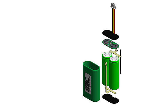 Exploded view of a battery pack with two green cylindrical cells, circuit board, connector cable, and green casing