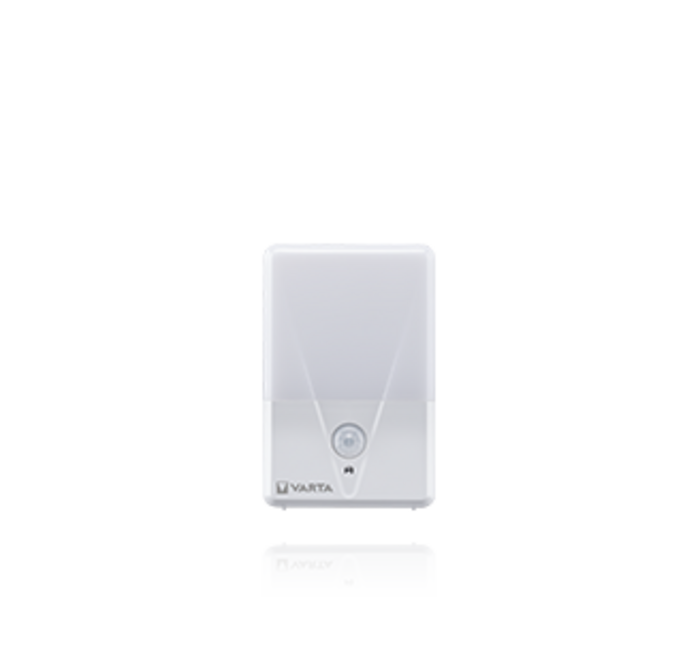 White rectangular Varta LED night light with motion sensor button on the front
