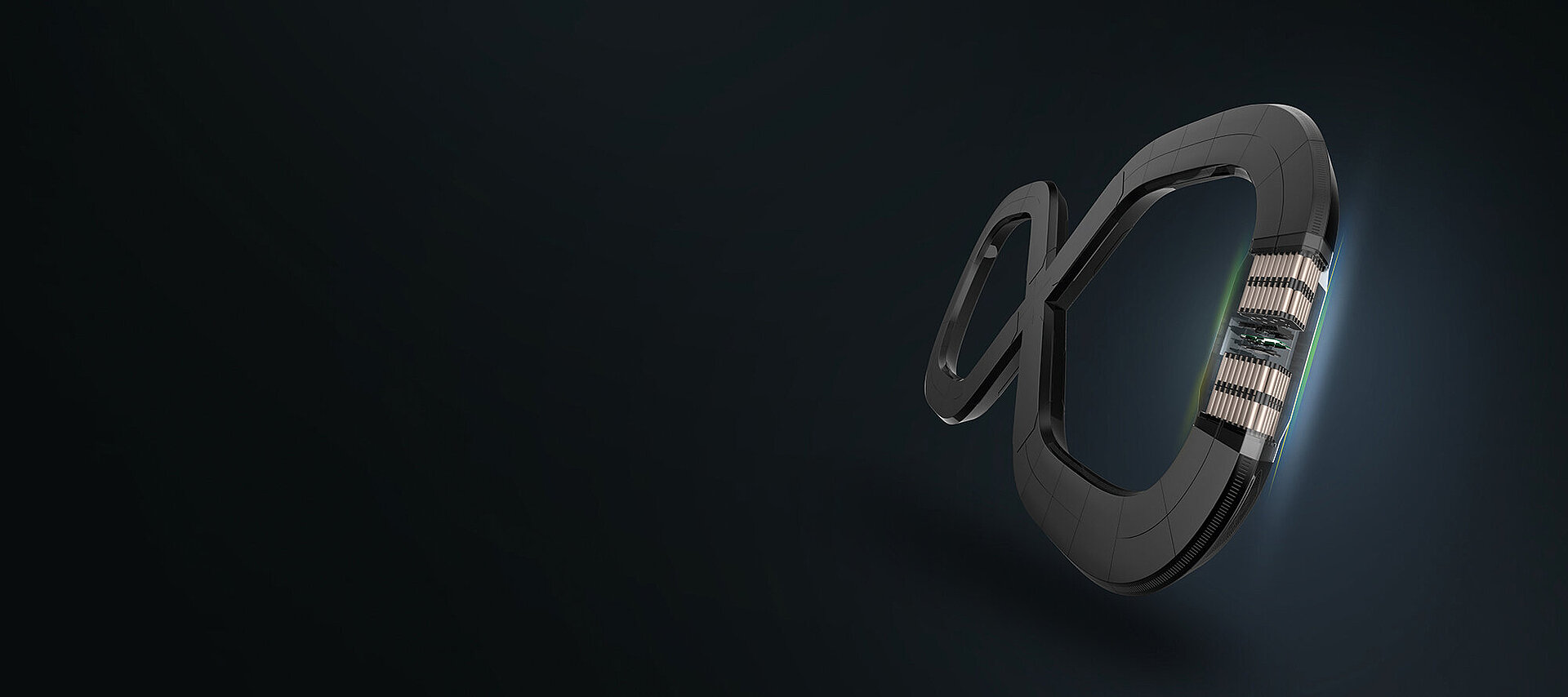 Stylized infinity-shaped device with dark metallic casing and exposed copper coil components on dark background