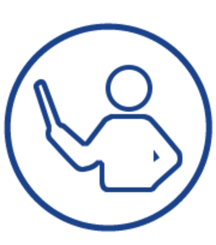 Blue line icon of a person holding a book or tablet, shown from the chest up inside a circular border