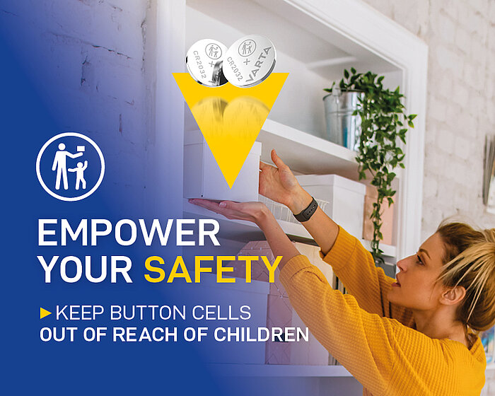 Safety poster: woman placing CR2032 button cells on a high shelf, text Empower Your Safety, keep out of reach of children