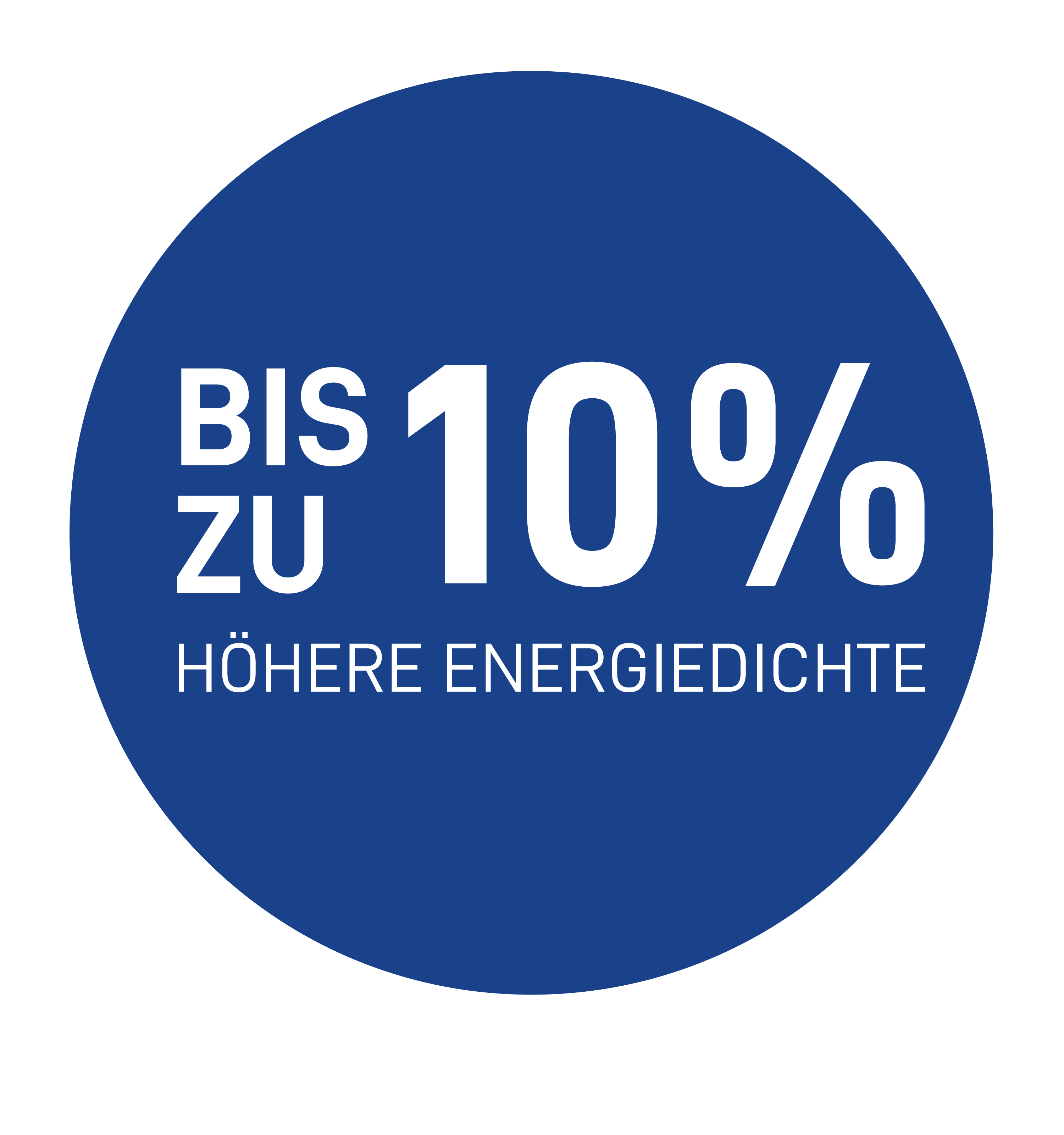 Blauer runder Button mit weißer Aufschrift Bis zu 10 % höhere Energiedichte
