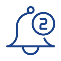 Blaues Icon einer Benachrichtigungsglocke mit Fragezeichen-Symbol in einem Kreis daneben