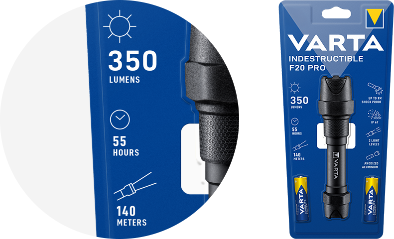 Varta Indestructible F20 Pro flashlight in blister pack with 350 lumens, 55 hours, 140 meters specifications