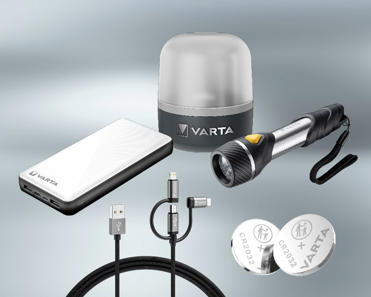 Varta power bank, LED lantern, torch, USB cable and two CR2032 batteries on a grey background