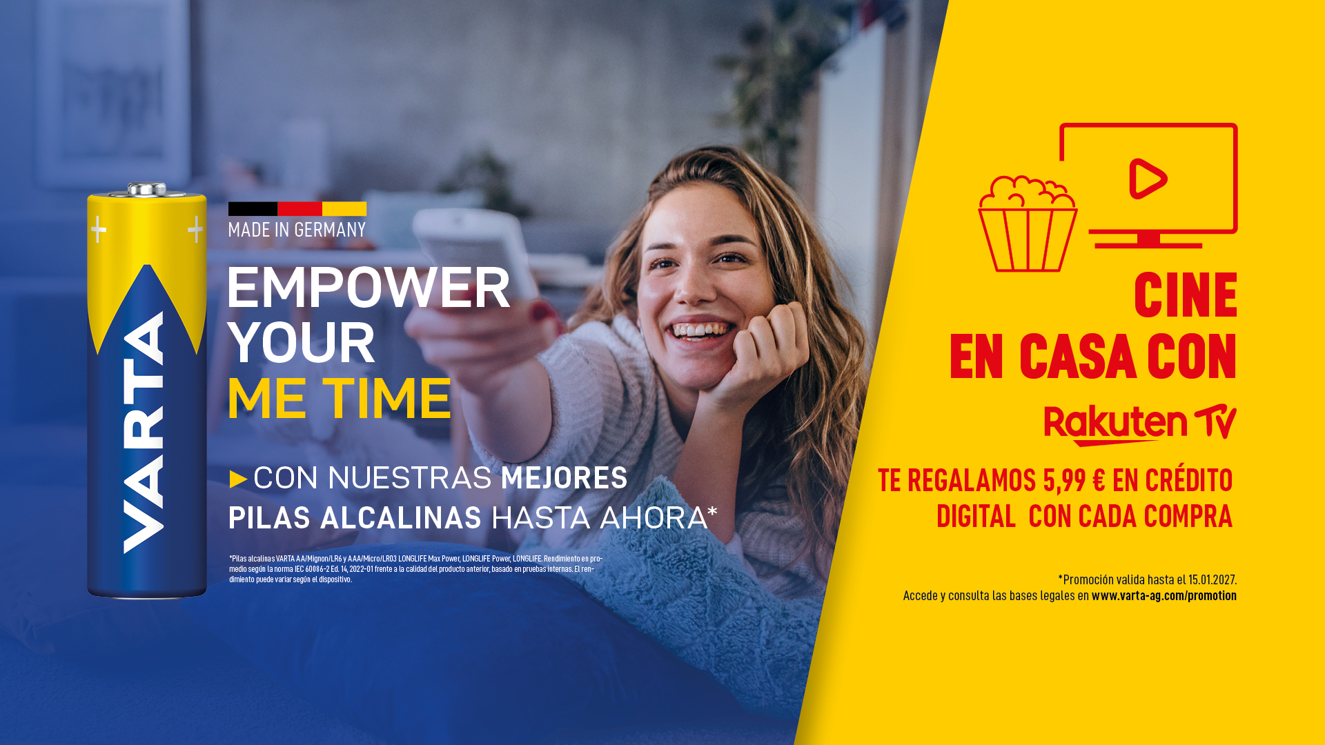 Anuncio de pilas alcalinas Varta Made in Germany con mujer sonriente y promoción de 5,99 € en Rakuten TV