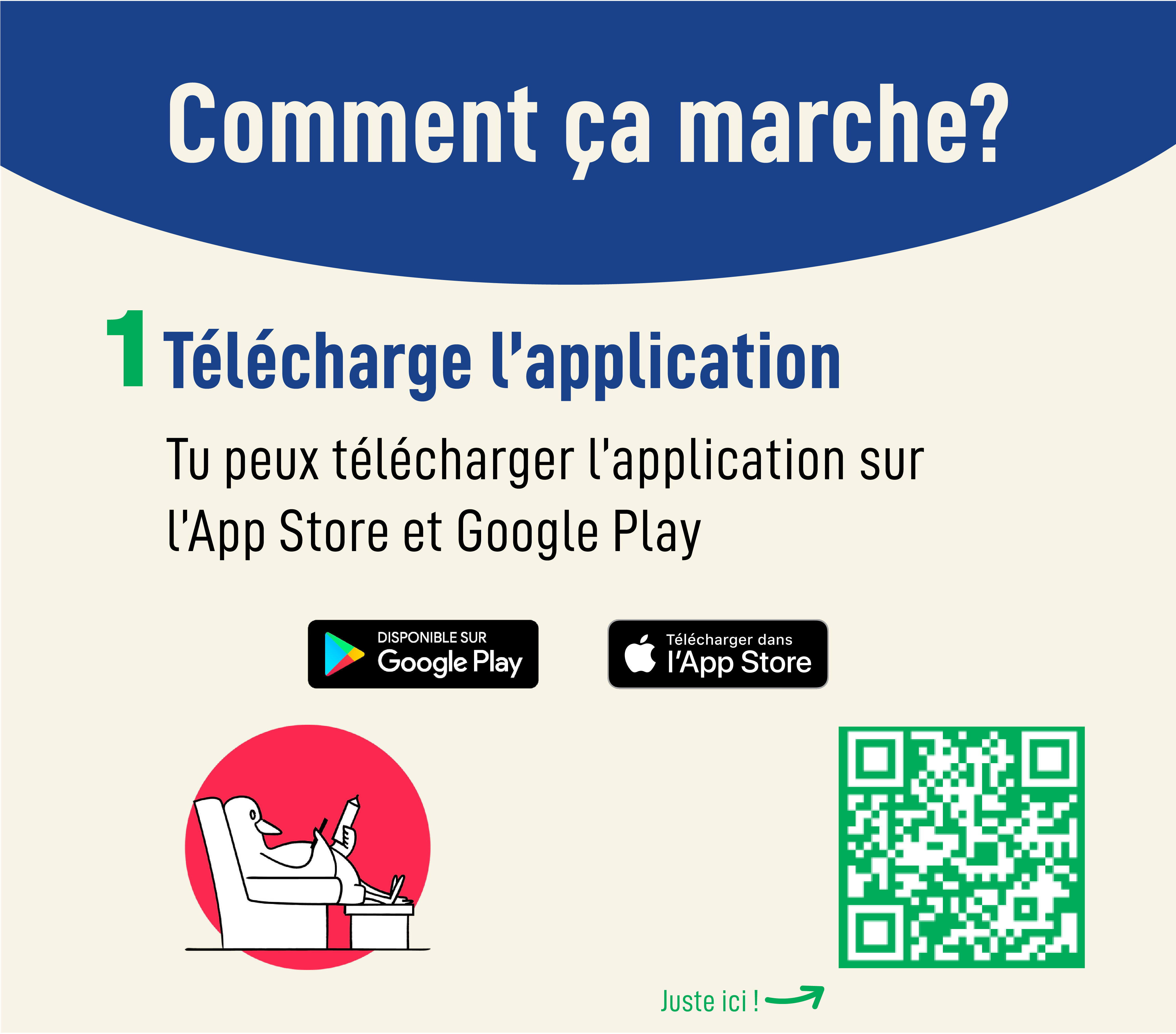 Infographie « Comment ça marche ? » étape 1 : télécharger l'application sur App Store ou Google Play, avec QR code vert