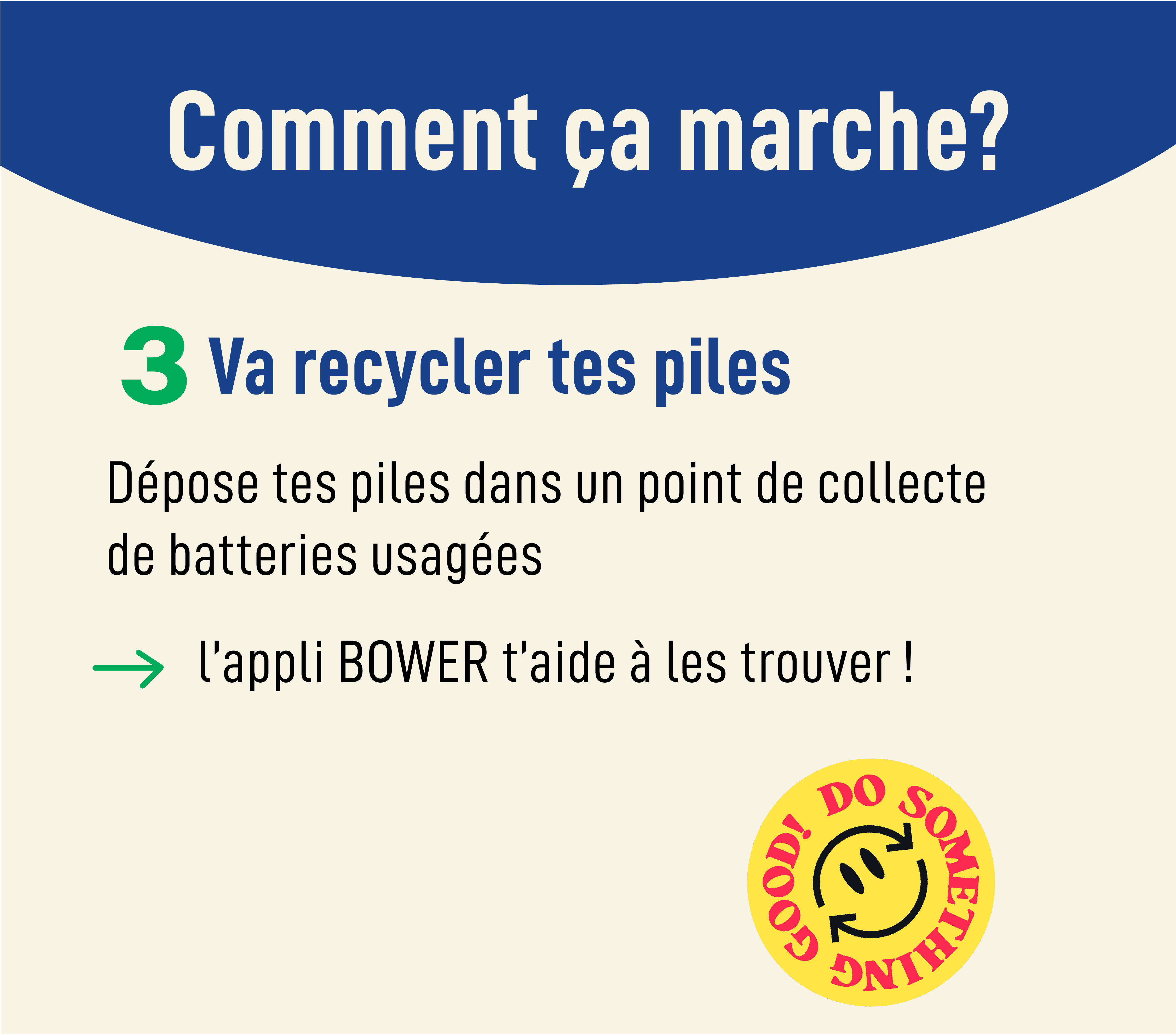 Infographie « Comment ça marche ? » étape 3 : dépose tes piles dans un point de collecte, l'appli BOWER aide à les trouver