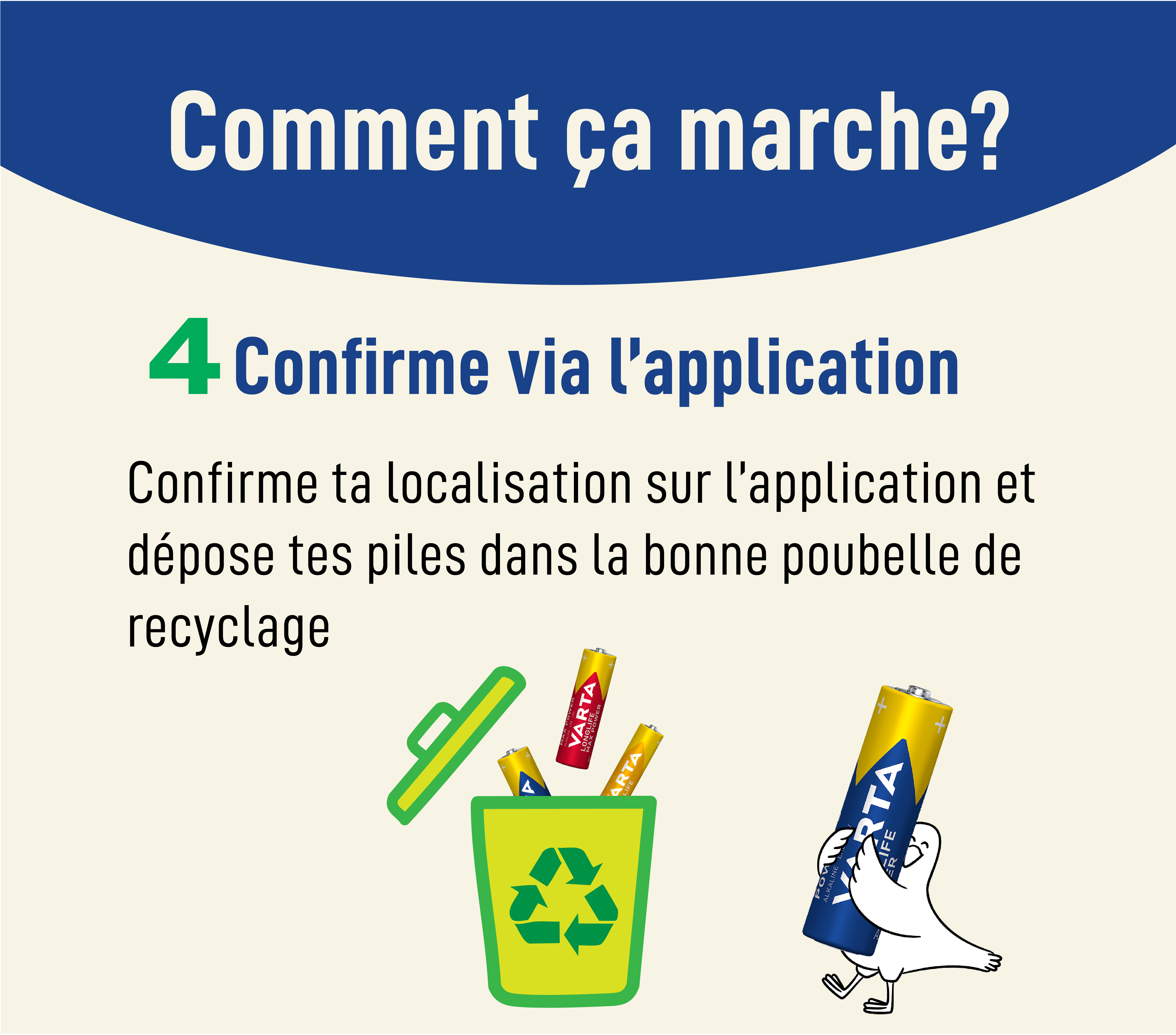 Infographie étape 4 : confirme ta localisation sur l'application et dépose tes piles dans la poubelle de recyclage